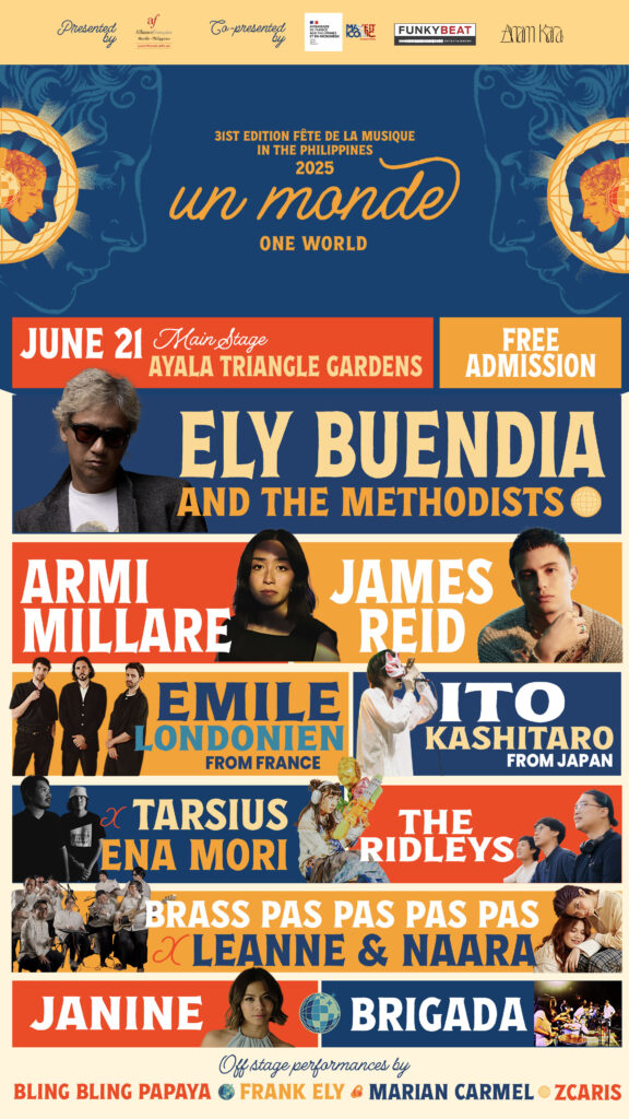 Experience Fête de la Musique Philippines 2025 on June 21 at Ayala Triangle Gardens, Makati. Enjoy free sets from Ely Buendia, Armi Millare, James Reid, Ito Kashitaro, Emile Londonien, and more.