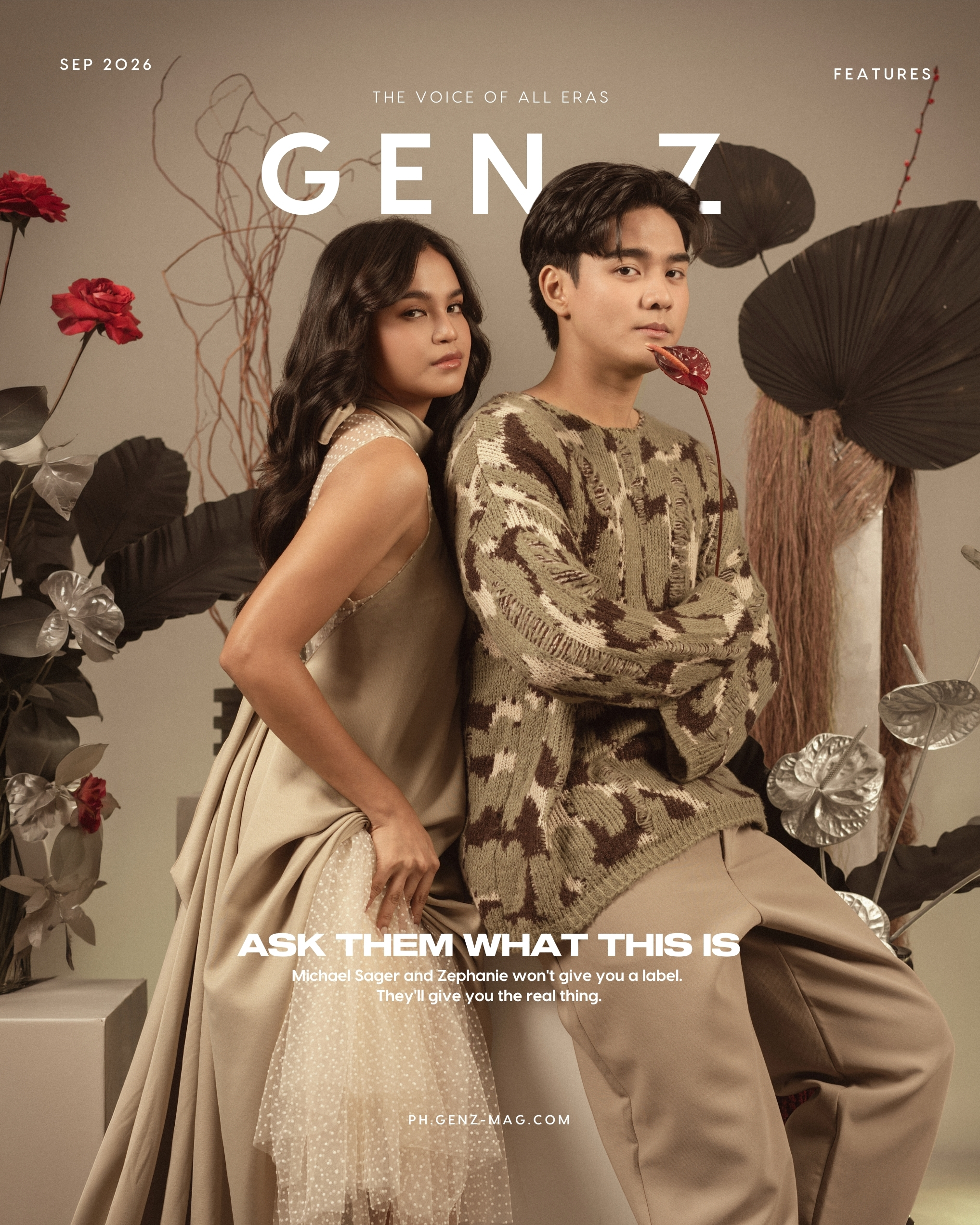 GEN Z Magazine September 2026 cover featuring Michael Sager and Zephanie, with the coverline 'Ask Them What This Is,' Zephanie in a draped beige gown and Michael in a knit sweater holding a red anthurium, floral styling by Makati Flower Atelier, shot at The Villa Studios.